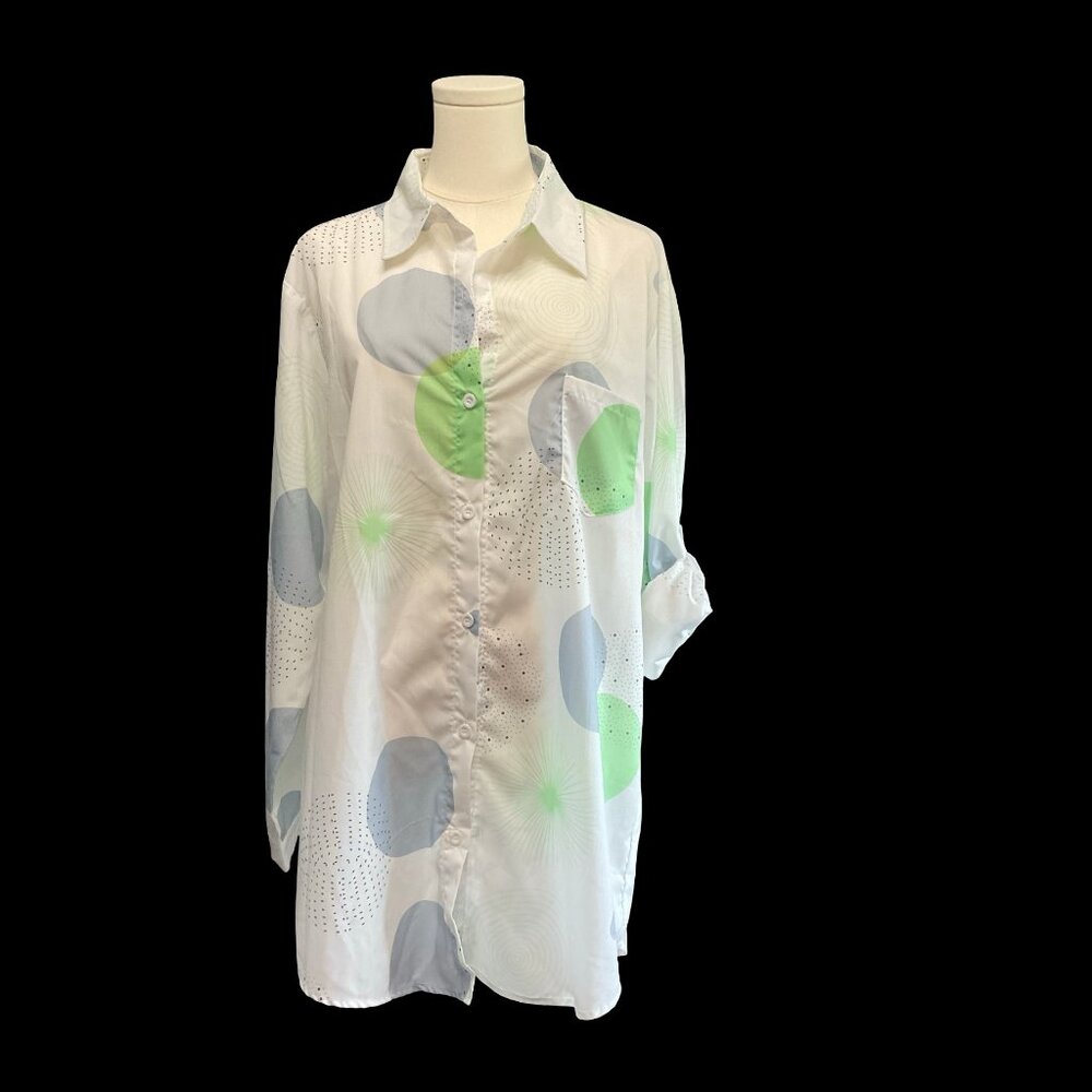 White Button Up Blouse w/ Abstract Print